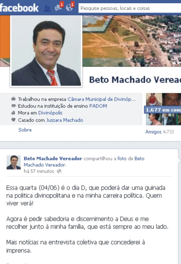 Vereador peessedebista de Divinópolis cria suspense no Face – O que será que ele vai fazer? É só “tutu” ou ação de verdade? facebook beto
